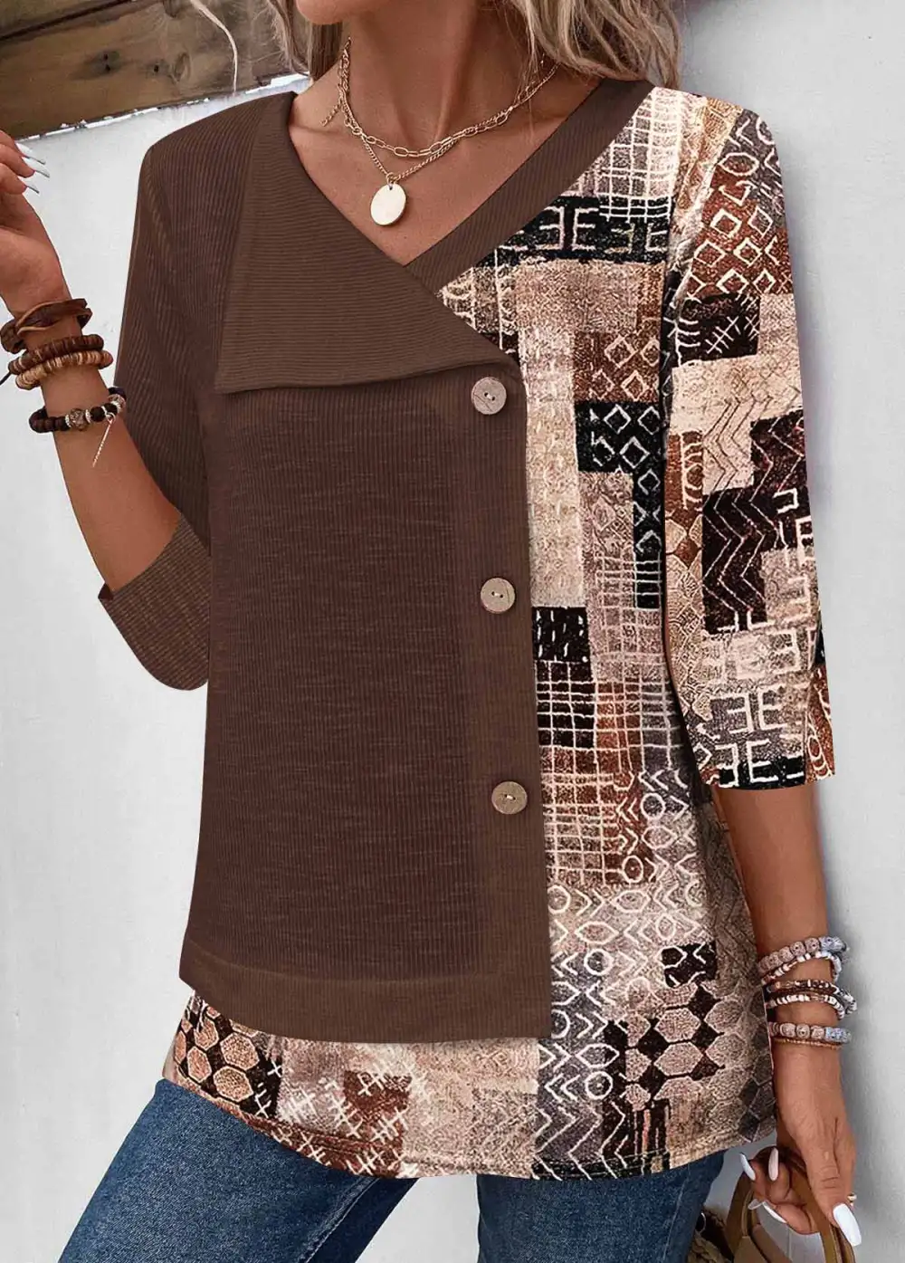 Patchwork Floral Print V Neck T Shirt