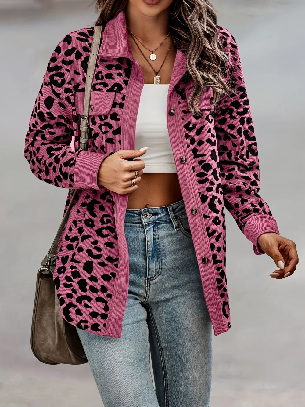 Wild Leopard Print Shacket Jacket - Soft, Casual, Button-Front, Turn-Down Collar, Long Sleeve, Outerwear for Women - Perfect for Daily Wear, Outdoor Activities, and Layering