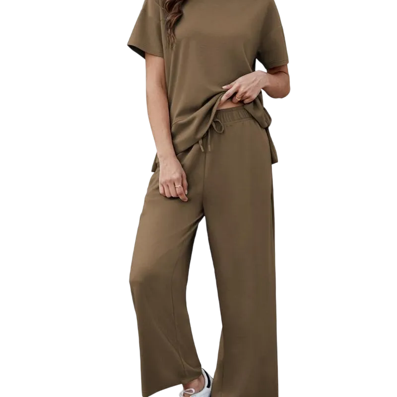 2 Piece Tracksuit for Womenswear Soft Short Sleeve Outdoor Wide Adjustable Leg Pockets Pants Lounge Matching Travel