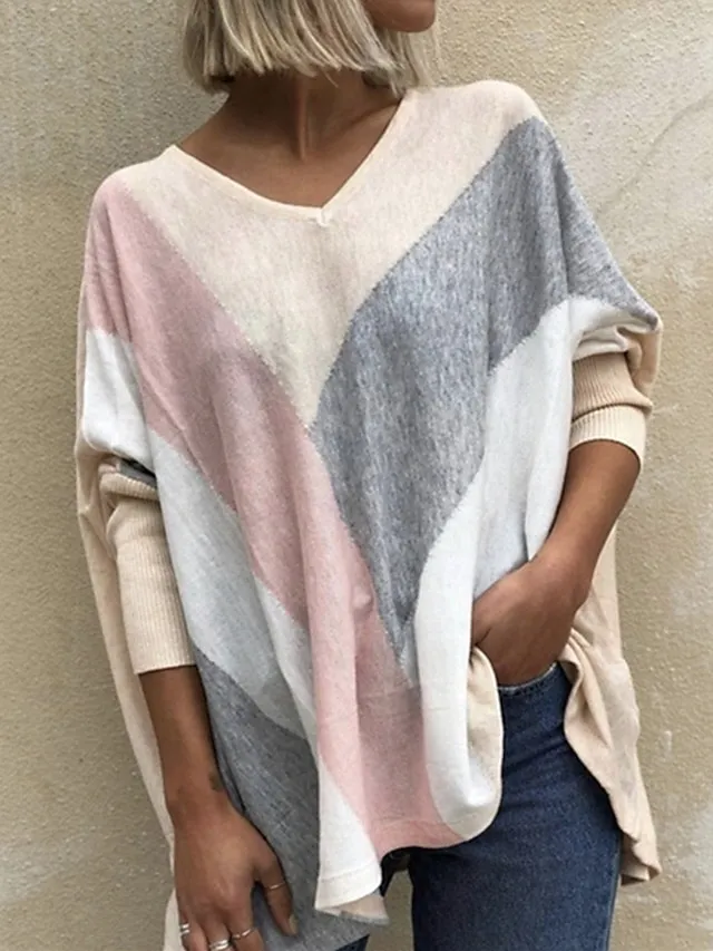 Women's T shirt Tee Beige Gray Color Block Print Long Sleeve Daily Weekend Daily Basic V Neck Loose Fit Painting Fall & Winter