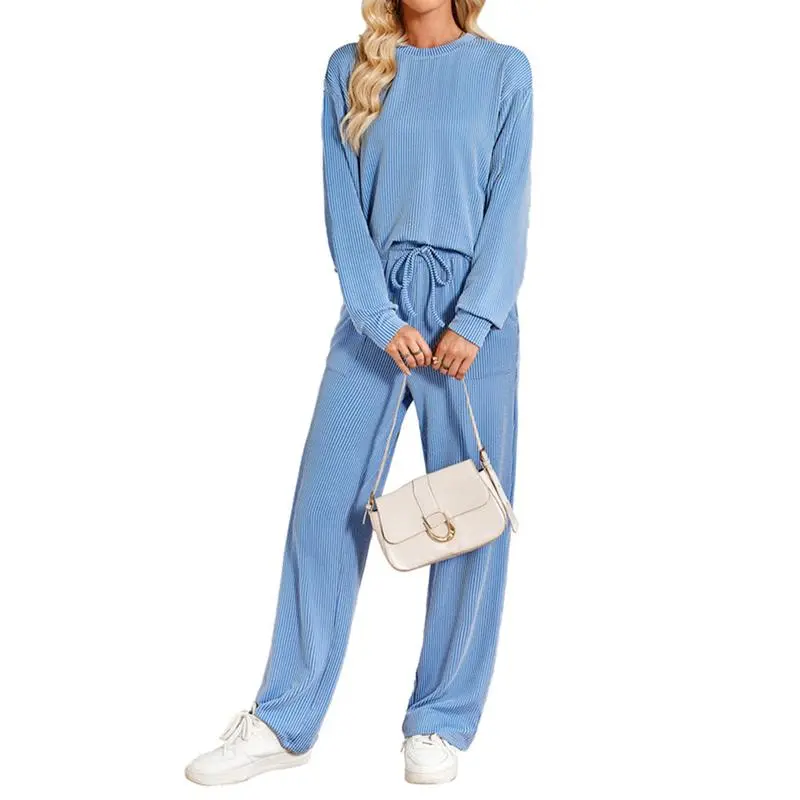 Women's 2-Piece Ribbed Knit Lounge Set – Long Sleeve Top & Pants, Summer Casual Matching Outfit