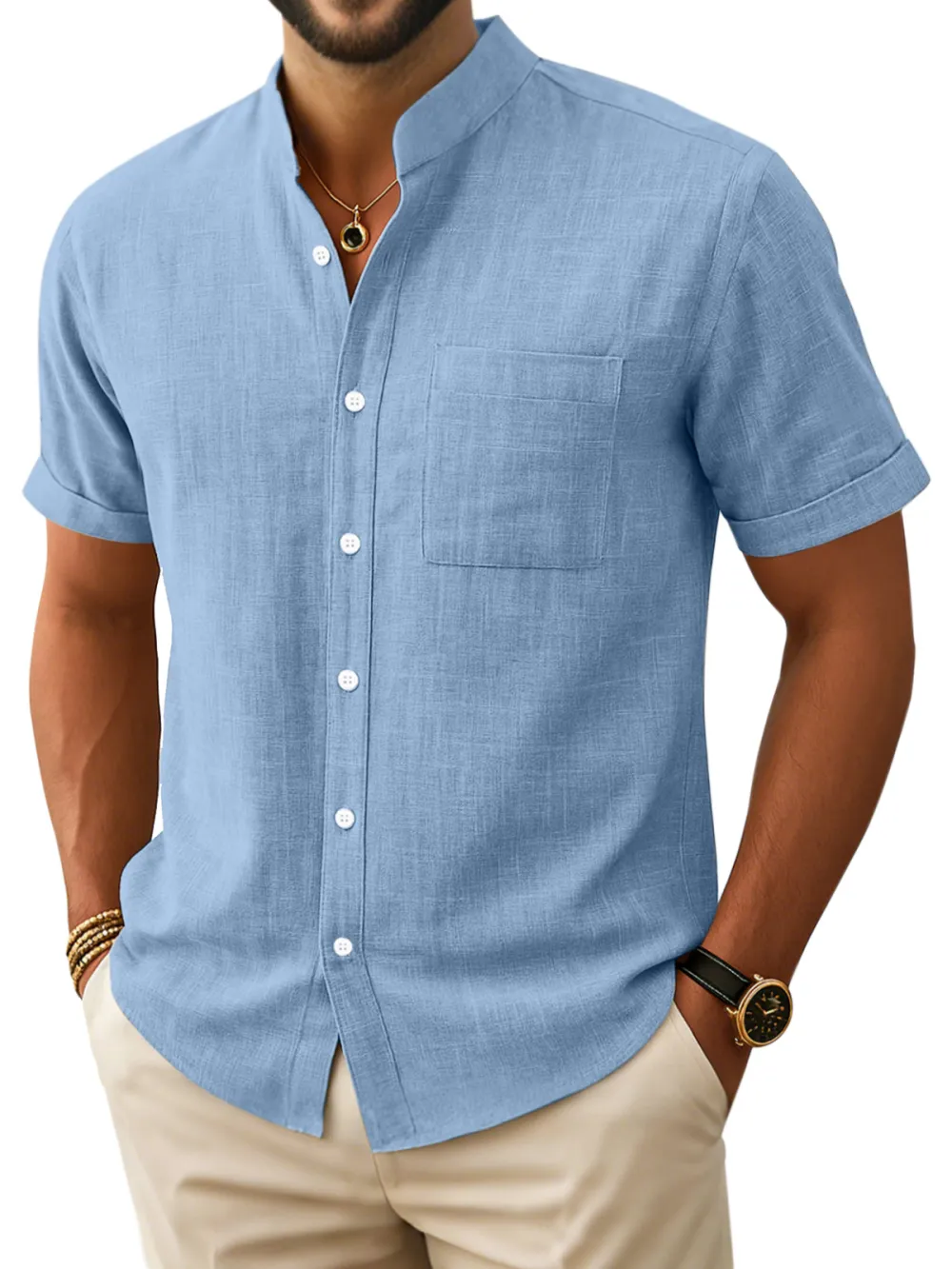 Men's Retro Simple Comfortable Stand Collar Button-down Short Sleeve Shirt