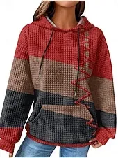 Women's Pullover Hoodie Sweatshirt Geometric Striped Casual Long Sleeve Hooded Regular Tops Street Dailywear Pocket Print White Wine Red Blue Fall Winter