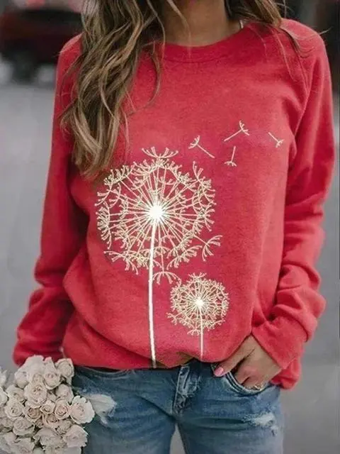 Dandelion Print Long Sleeve Tops