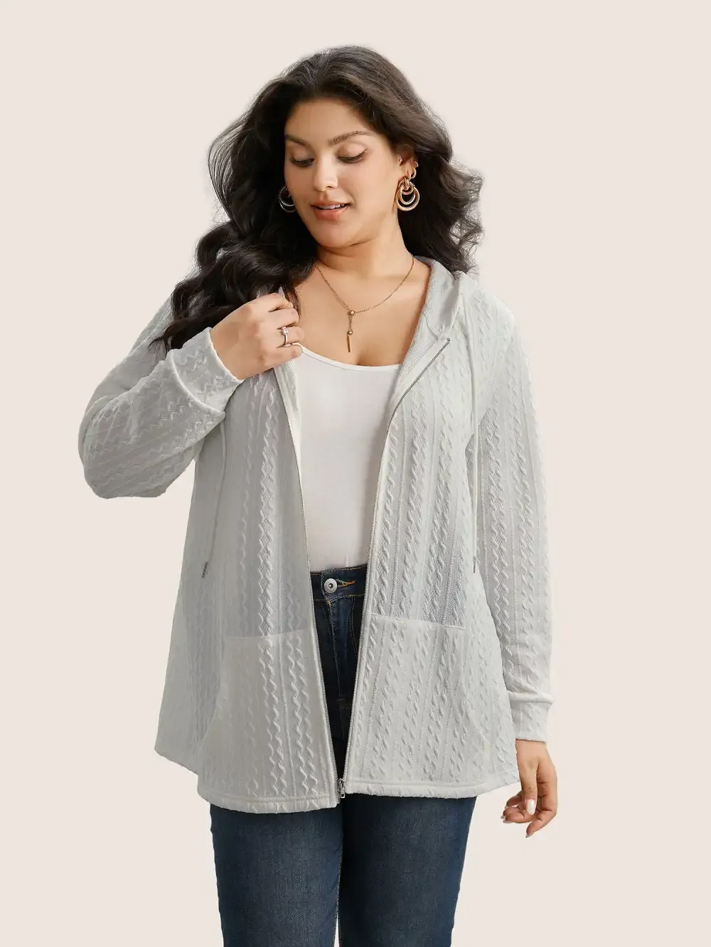 Plain Textured Zipper Hooded Sweatshirt