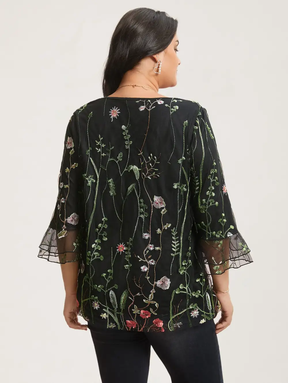 Embroidered Mesh Lotus Leaf Sleeve Blouse