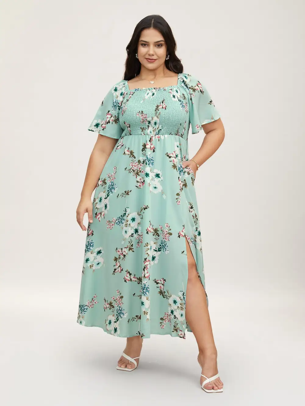 Floral Square Neck Ruffles Pocket Shirred Split Dress