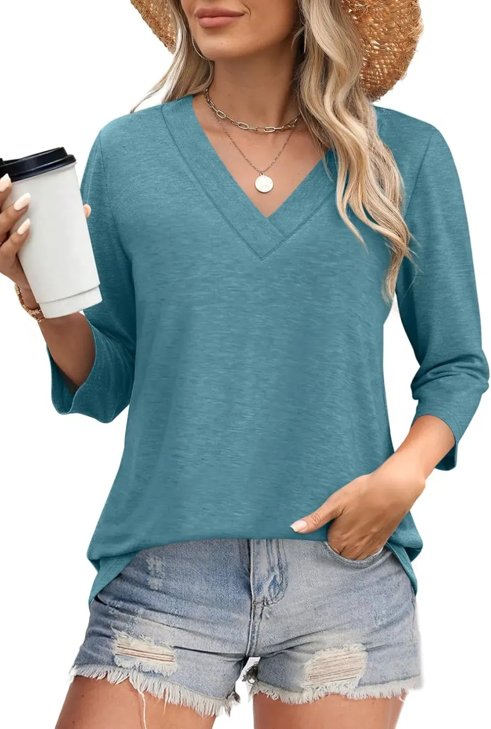 ✨Flash Sale Women's Trendy V Neck 3/4 Long Sleeve Tops Loose Fit Blouse