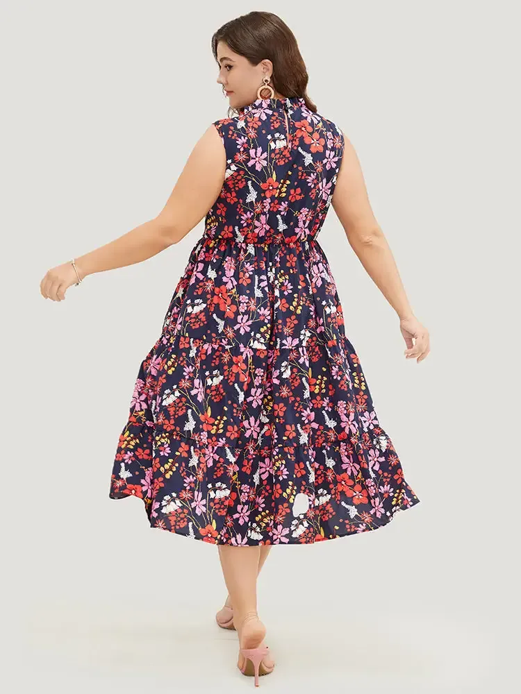 Floral Shirred Mock Neck Cut Out Pocket Ruffle Hem Dress