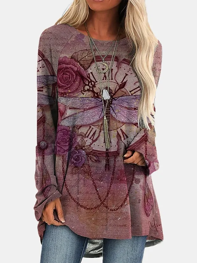 Women's T shirt Tee Burgundy Tee Tunic Shirts Marron Yellow Light Green Geometric Plaid Print Long Sleeve Casual Vintage Tunic Ethnic Round Neck Regular Fit Bohemian Theme Geometric Plus Size Fall