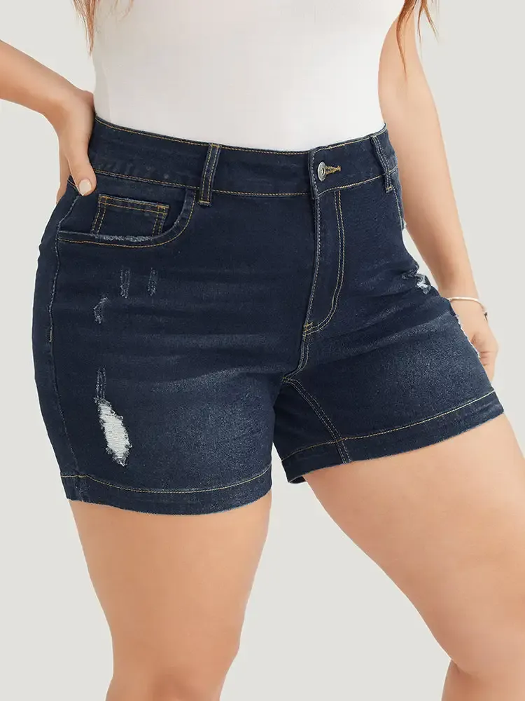 Moderately Stretchy High Rise Dark Wash Distressed Denim Shorts