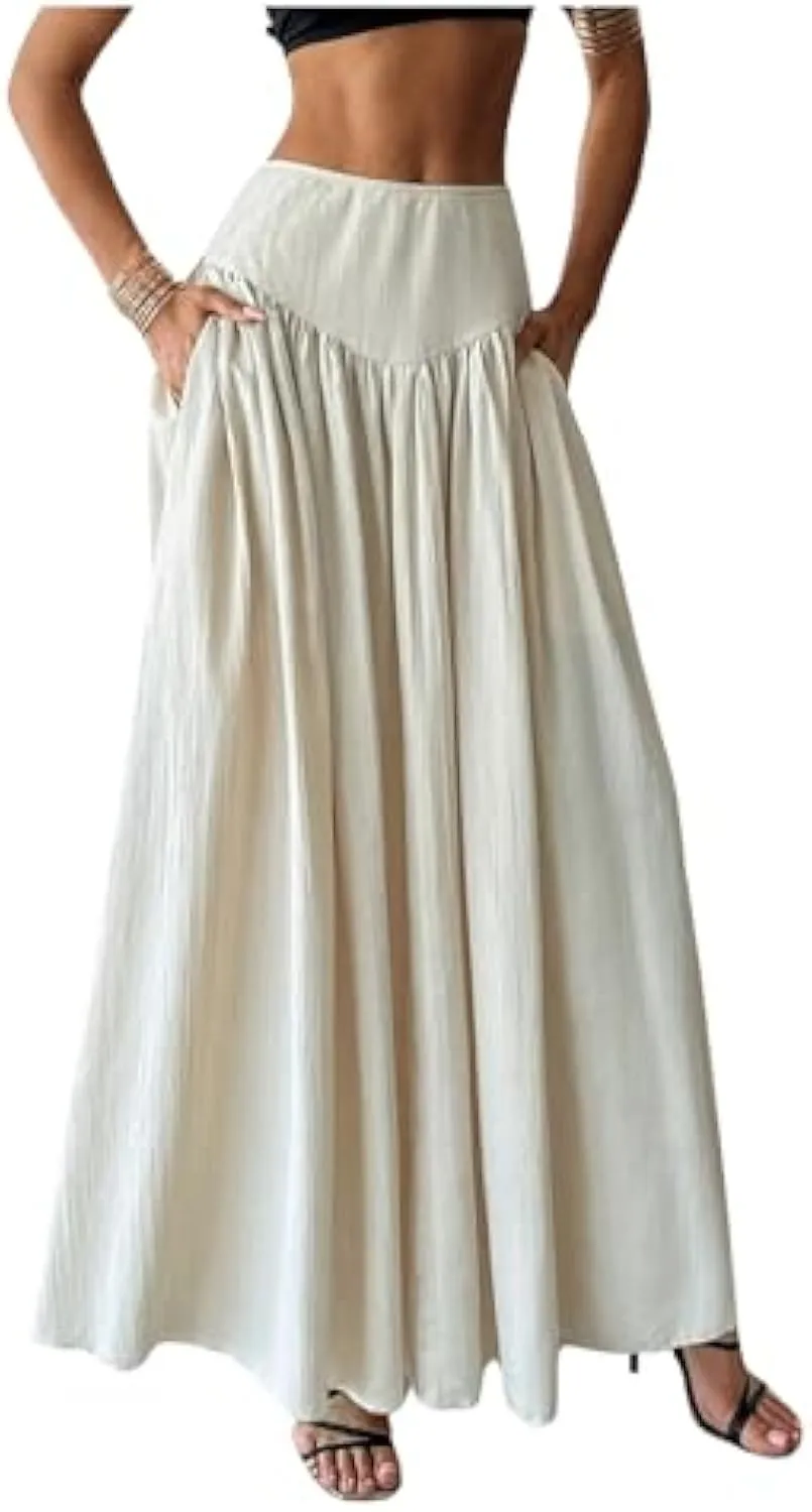 Milumia Women's Pleated Flowy Long Skirts High Waist Maxi Skirt with Pocket