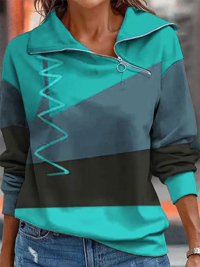 Women's Sweatshirt Pullover Sports Basic Quarter Zip Red Purple Orange Color Block Street Casual V Neck Long Sleeve Top Micro-elastic Fall & Winter