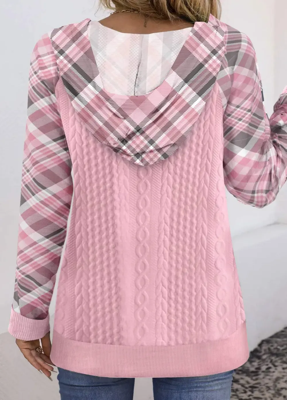 Pink Button Plaid Long Sleeve Hoodie