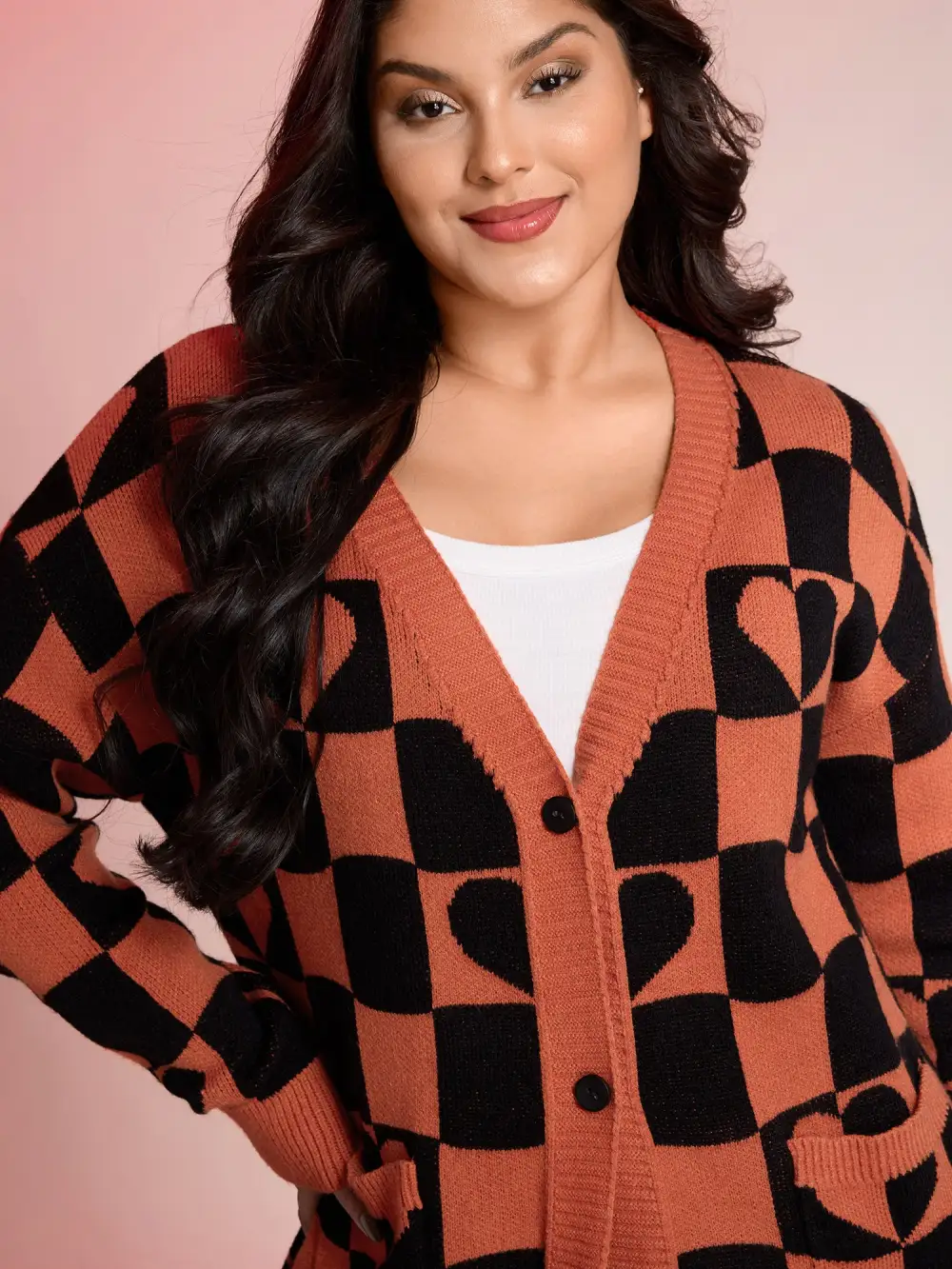 Supersoft Checkered Hearts Stretchy Knit Cardigan