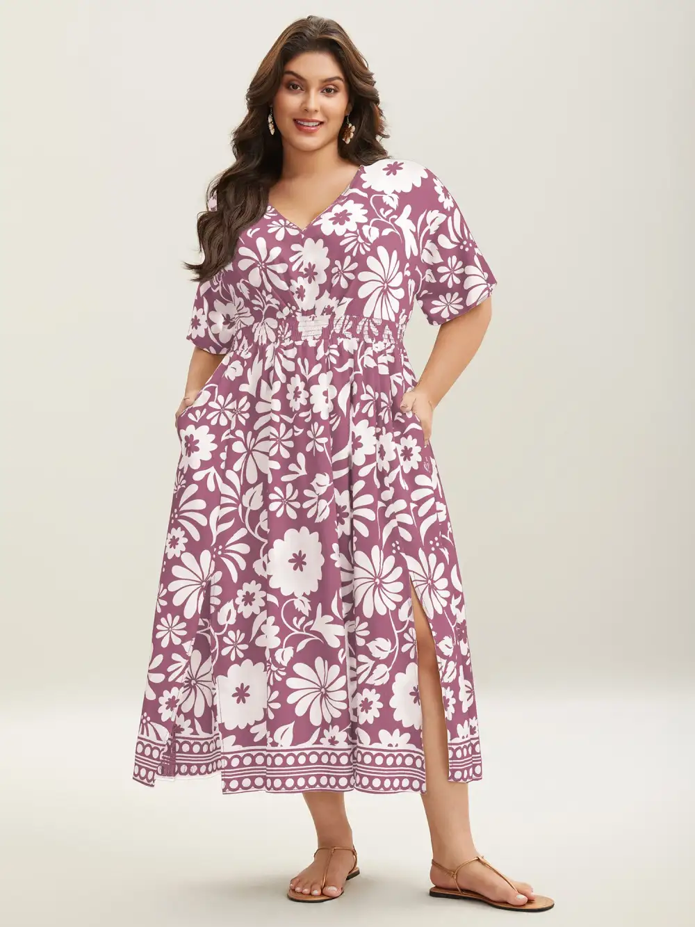 Large Floral Print Pockets Midi Dress