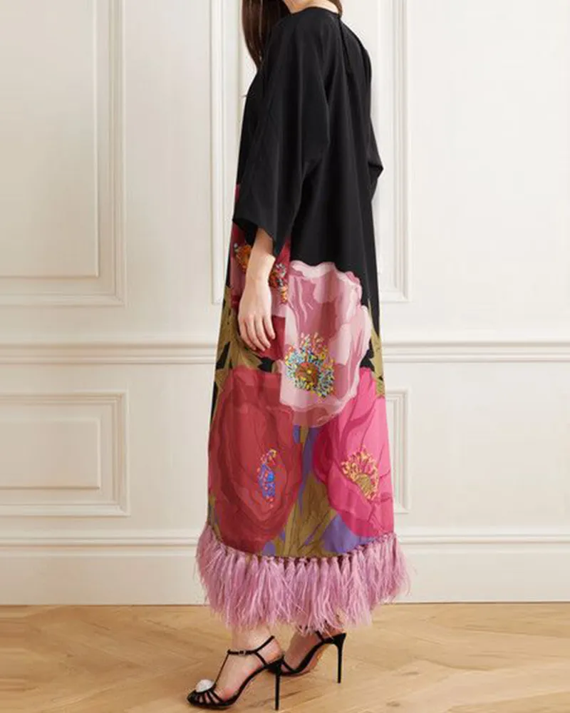 Feather tassel maxi dress print