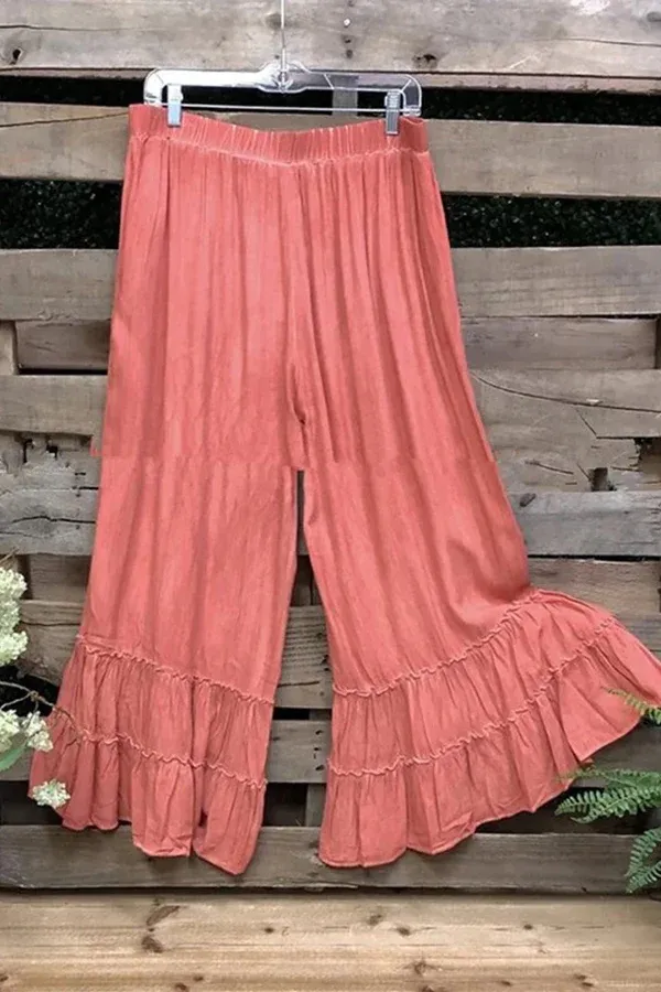 Casual Solid Loose Ruffle Bohemian Pant