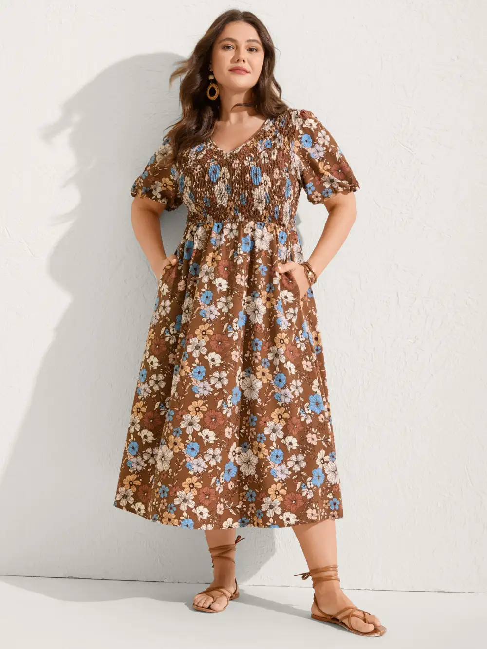 Fall Florals Shirred Bodice Midi Dress