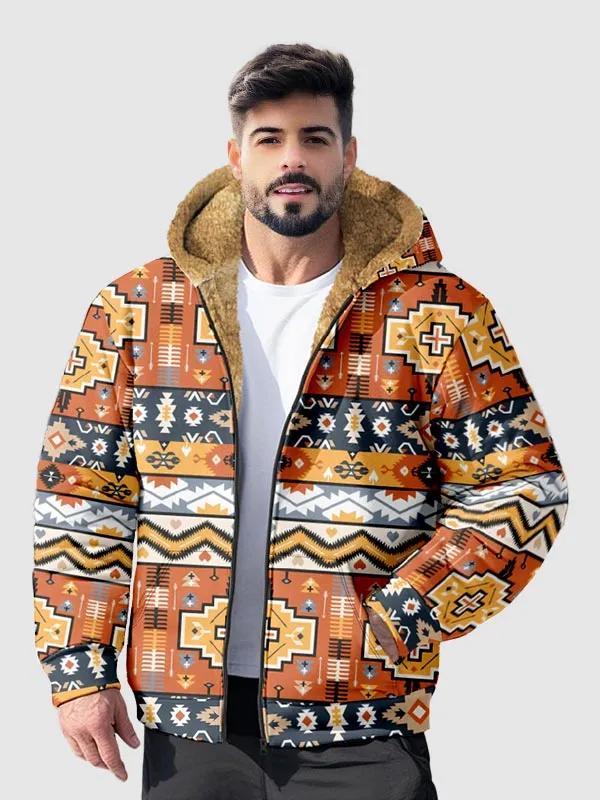 Men's Retro Ethnic Fleece Zipper Casual Printed Hoodie Jacket