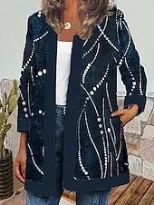 Women's Casual Lightweight Coat Open Front Work Print Geometric Comfortable Boho Vintage Regular Fit Long Sleeve With Pocket Outerwear Long Sleeve Fall Lake blue S