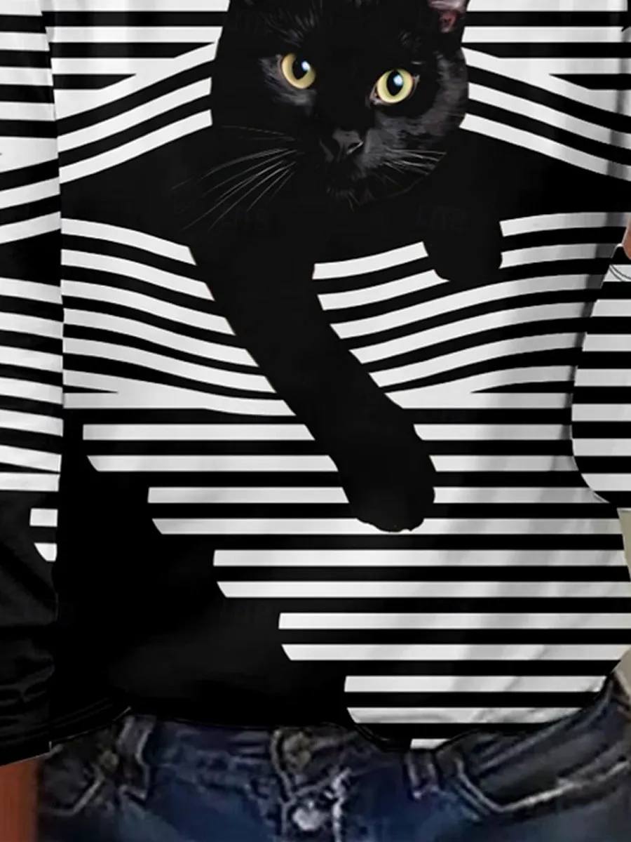 Women's T shirt Crew Neck Long Sleeve Tunic Cat Striped Casual Regular Tops Daily Print Black Green Spring Fall MAO