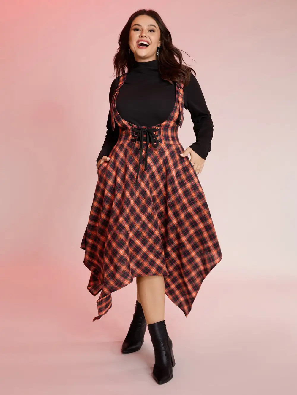 Plaid Handkerchief-Hem Adjustable Midi Skirt