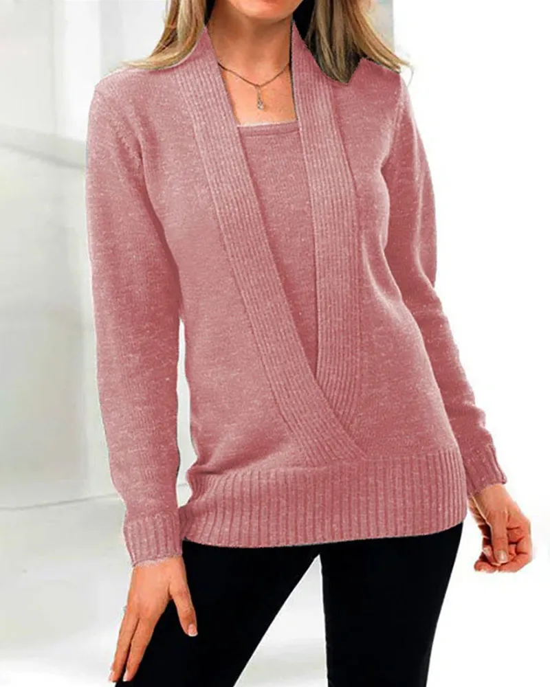 V-neck fake two-piece cropped sweater