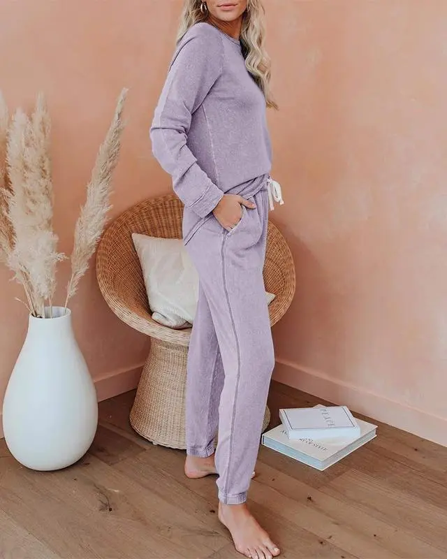 Women's Solid Sweatsuit Set 2 Piece Long Sleeve Pullover and Drawstring Sweatpants Sport Outfits Sets