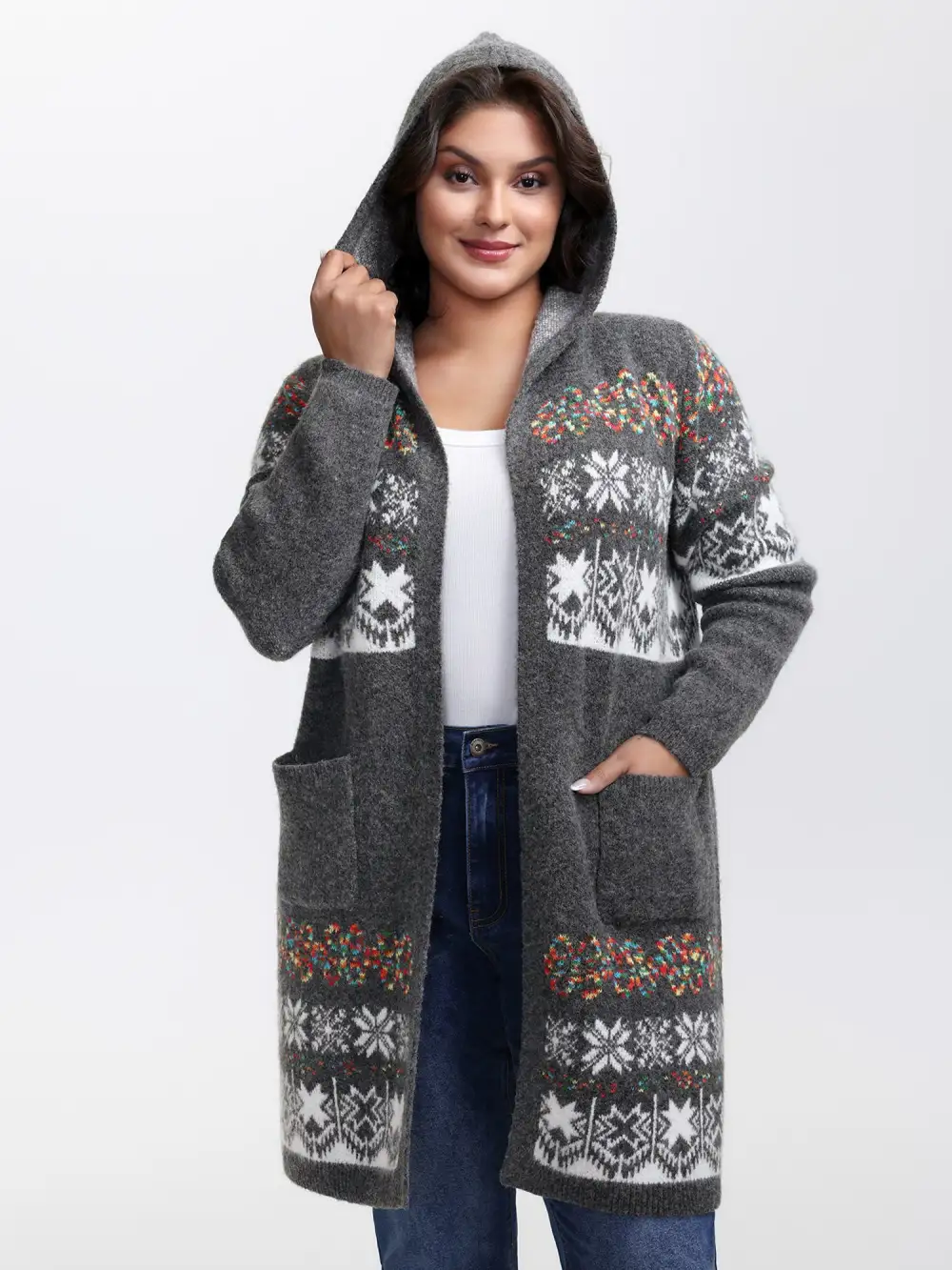 Boho Print Jacquard Hooded Knit Cardigan