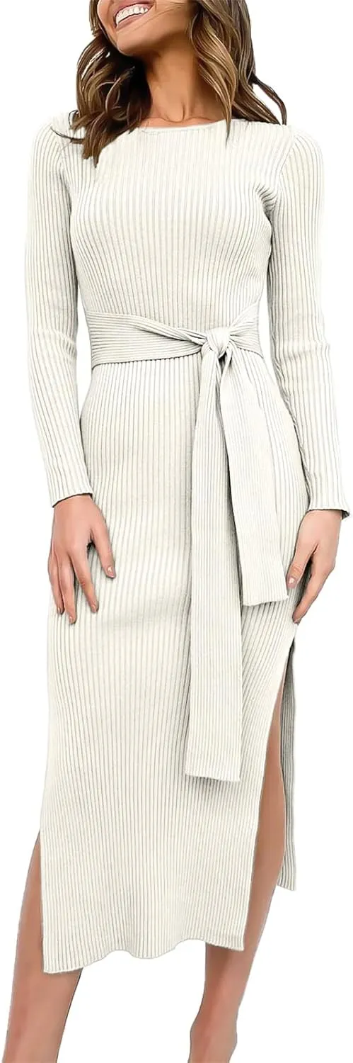 Long Sleeve Sweater Dress Crew Neck Slim Fit Slit Tie Waist 2024 Ribbed Knit Bodycon Midi Dress Fall Outfits