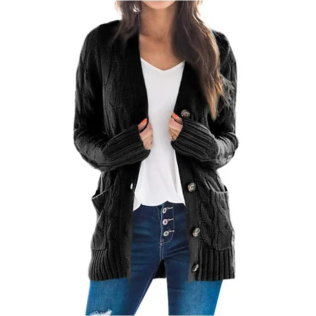 Women's Cardigan Pocket Knitted Button Solid Color Casual Chunky Long Sleeve Regular Fit Sweater Cardigans