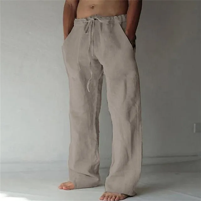 Men's Linen Pants Trousers Summer Pants Baggy Beach Pants Drawstring Front Pocket Straight Leg Plain Comfort Soft Full Length Yoga Holiday Beach Fashion Hawaiian Black White