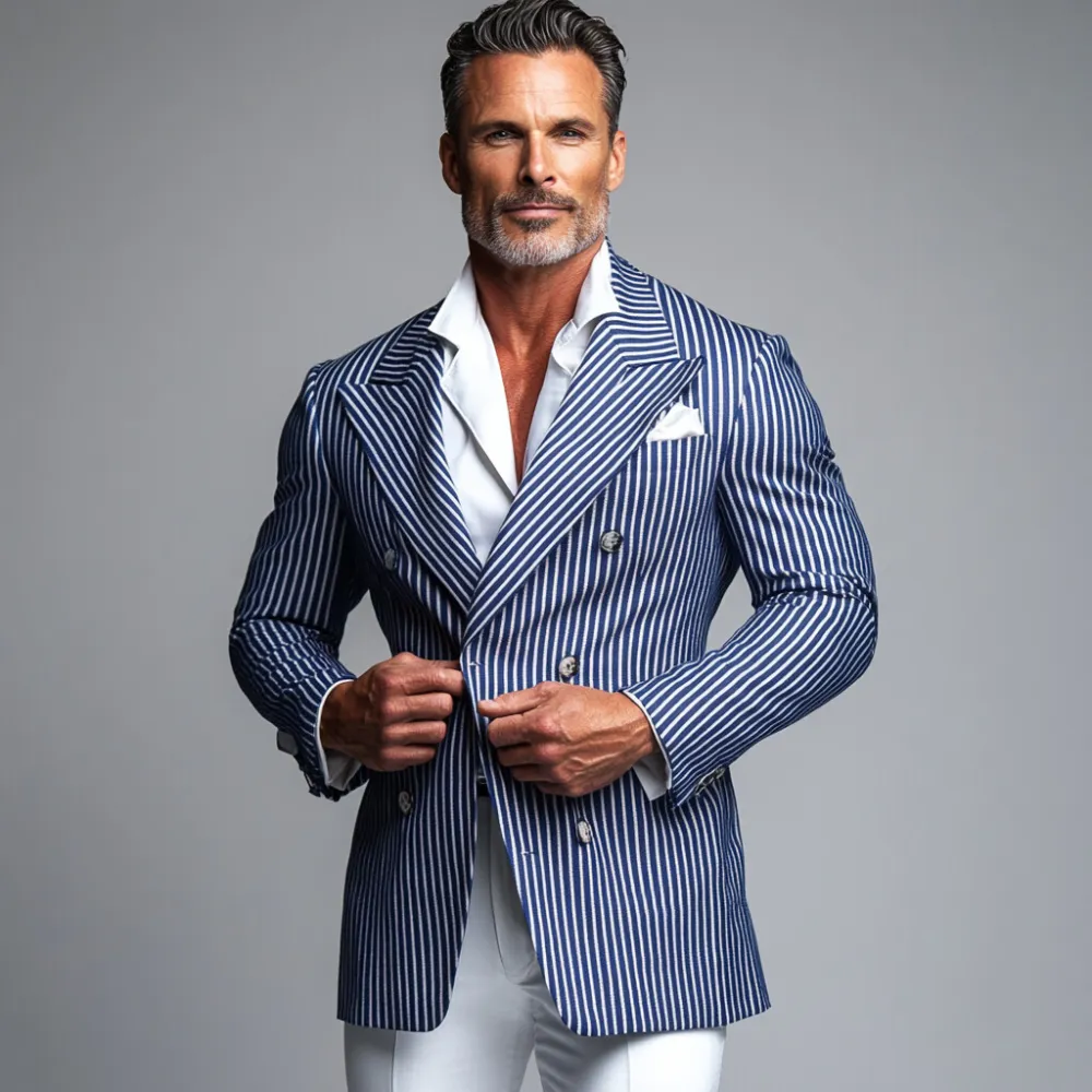 Men's Business Peaked Lapel Double Breasted Striped Blazer