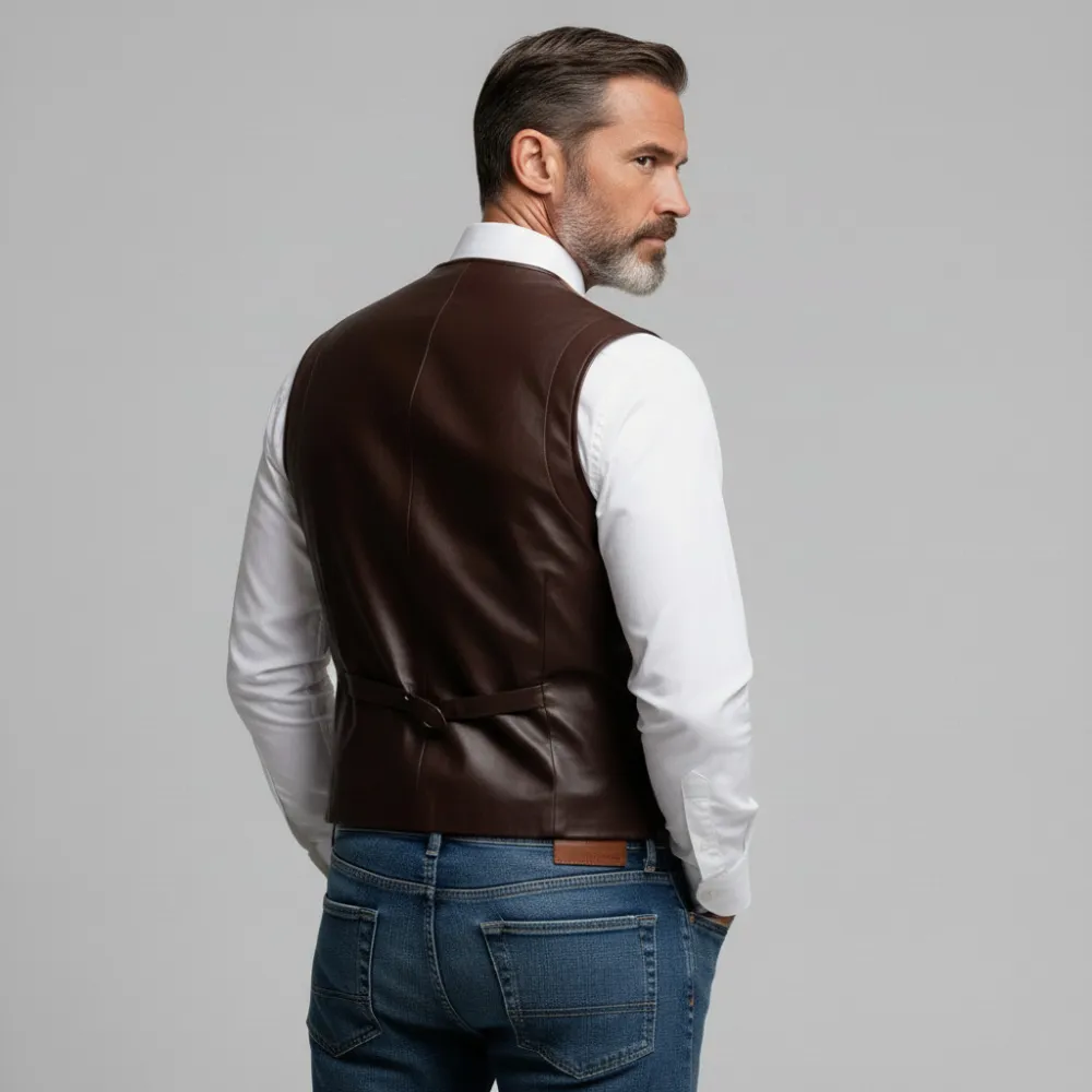 Men's Brown Corduroy Patchwork PU Leather Double Breasted V Neck Vest