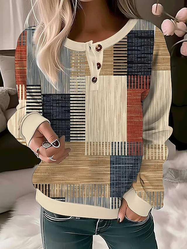 Women's Sweatshirt Pullover Basic Button White Yellow Red Geometric Casual Sports Round Neck Long Sleeve Top Micro-elastic Fall & Winter