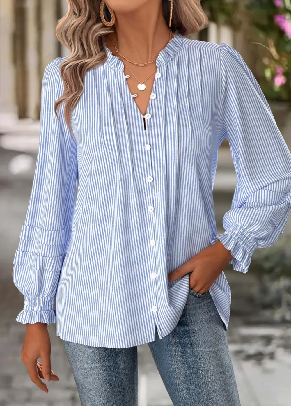 Blue Tummy Coverage Striped Long Sleeve Split Neck Blouse