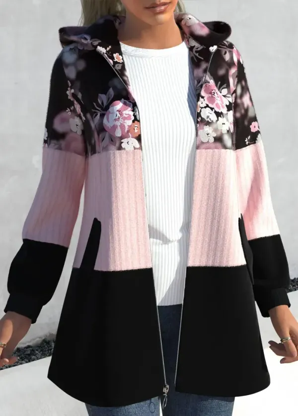 Light Pink Zipper Closure Floral Print Jacket