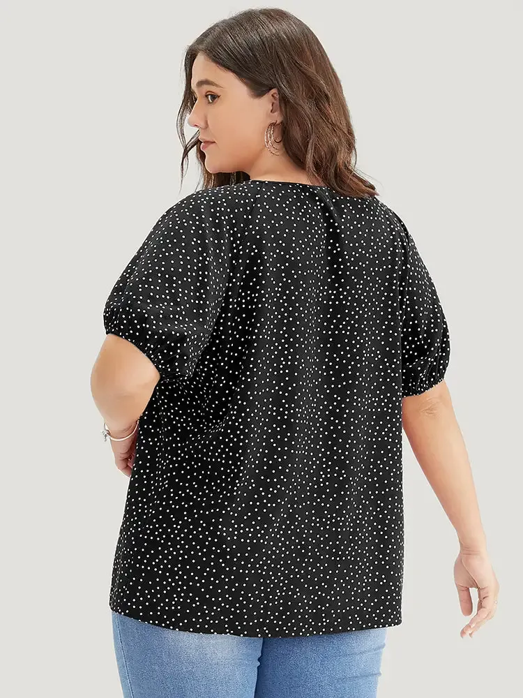 Polka Dot Pleated Round Neck Puff Sleeve Blouse
