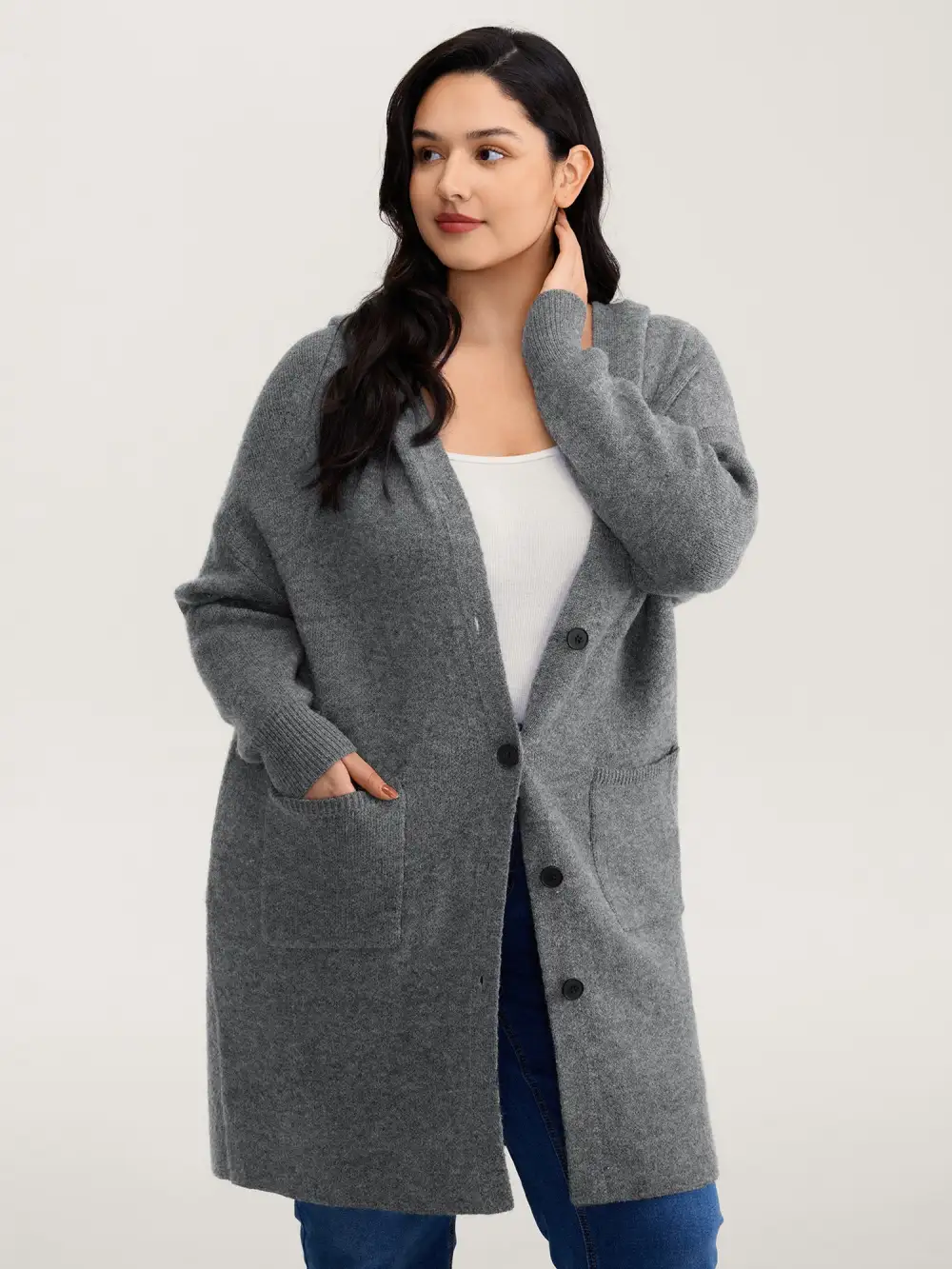 Hooded Button Slit Pockets Knit Cardigan