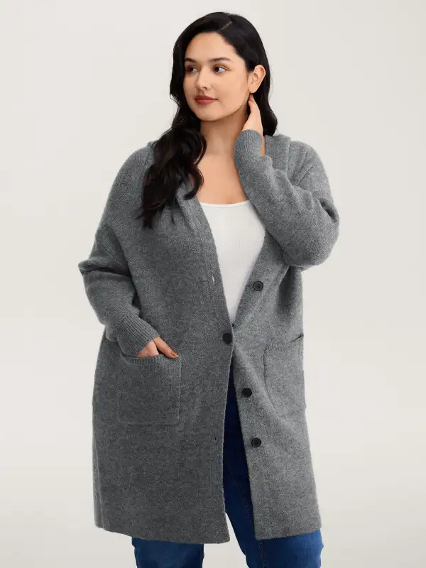 Hooded Button Slit Pockets Knit Cardigan