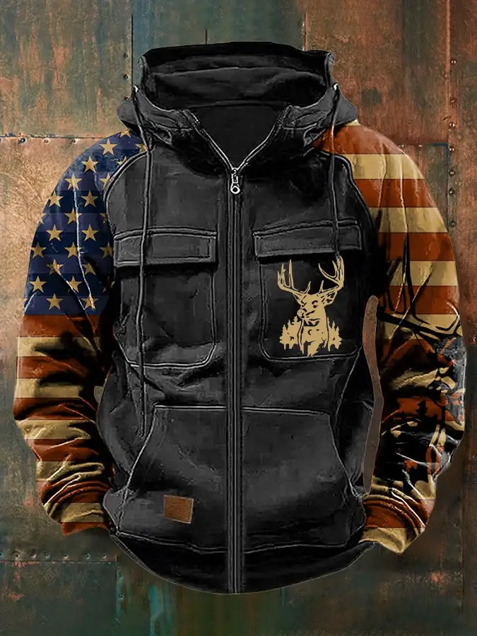 Men's Vintage Western Deer Print Multi-Pocket Jacket