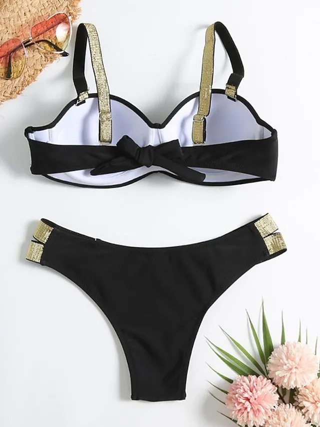 Women's Swimwear Bikini Normal Swimsuit Glitter 2 Piece Deep V Solid Color Black White Green Bathing Suits Sexy Beach Wear Push Up