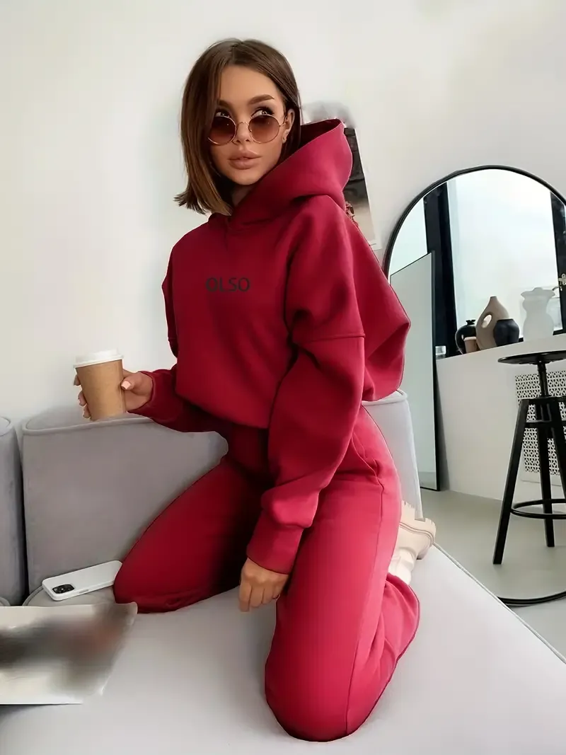Casual Two-piece Set, Letter Print Long Sleeve Hooded Sweatshirt & Elastic Waist Sweatpants Outfits, Women's Clothing
