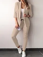 Women's Fashion Formal Blazer Suits Half Sleeve Solid Color Drawstring Work Business Dark Grey Black Dusty Rose Spring &  Fall Regular Fit