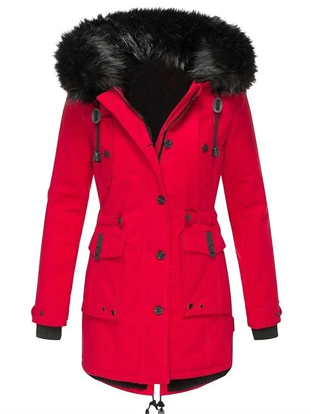 Women's Parka Fleece Lined Puffer Jacket Thicken Winter Coat Windproof Thermal Warm Heated Coat Zipper Drawstring Hoodie Outerwear Long Sleeve