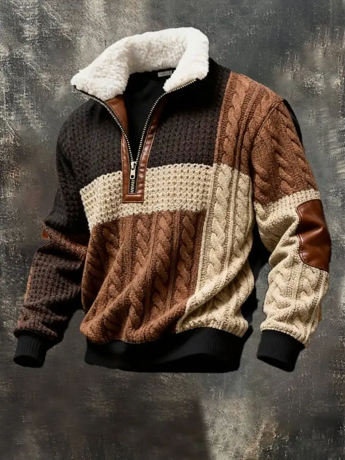 Men's Retro Color Block Print Casual Fur Collar Long Sleeve Sweatshirt
