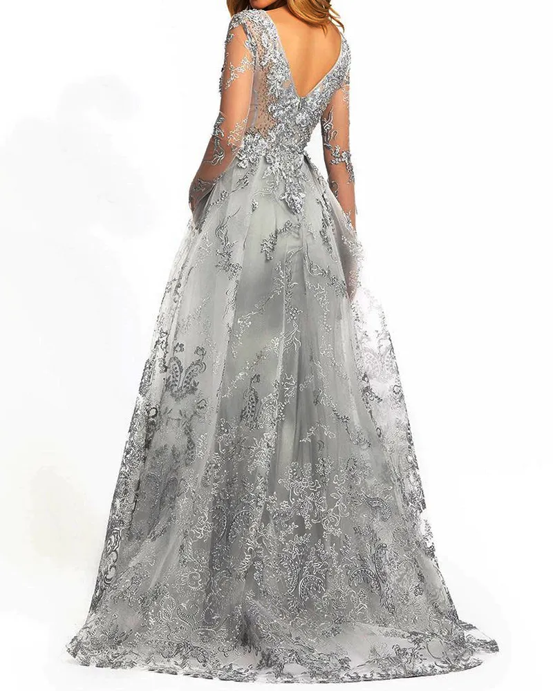 V-neck mesh embroidered maxi dress