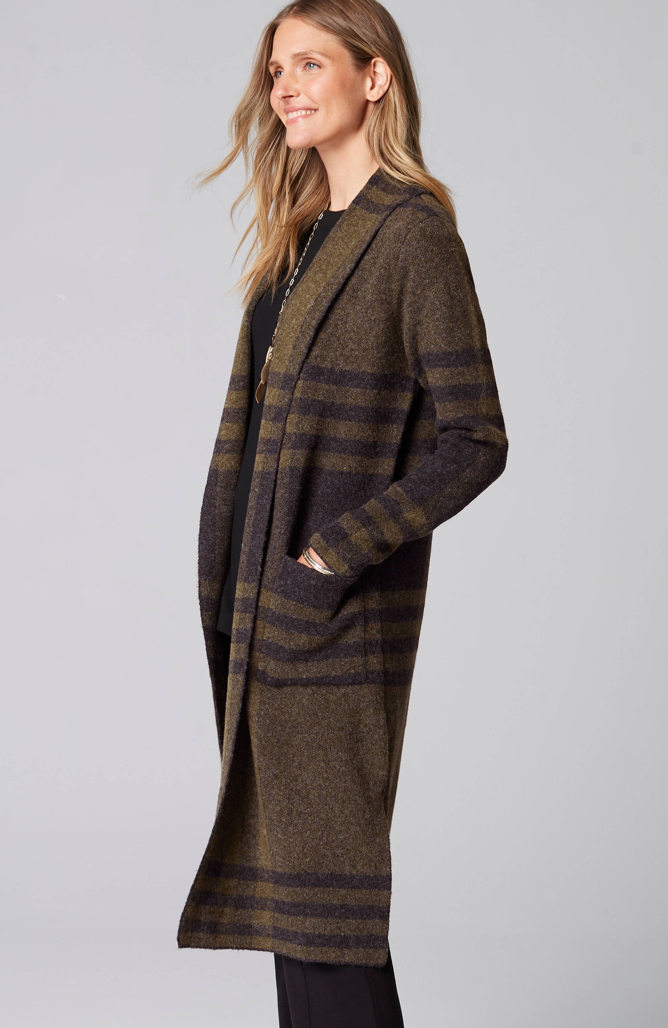 Wearever Shawl-Collar Plaid Sweater Coat