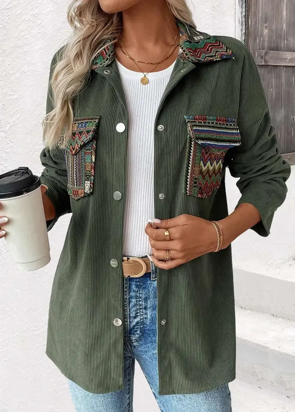 Green Corduroy Tribal Print Long Sleeve Coat